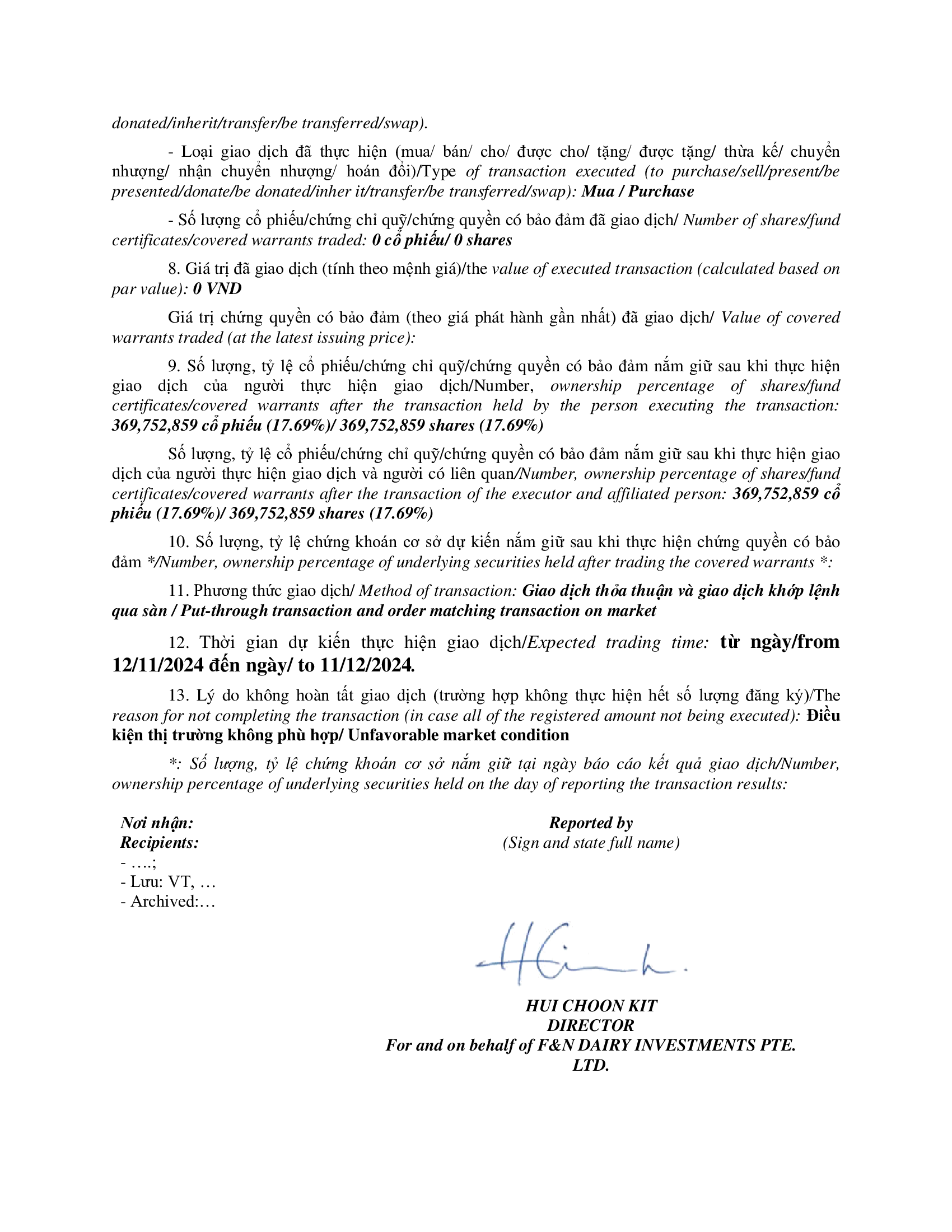 Report on results of transaction of internal F&N DAIRY INVESTMENTS PTE. LTD. 4