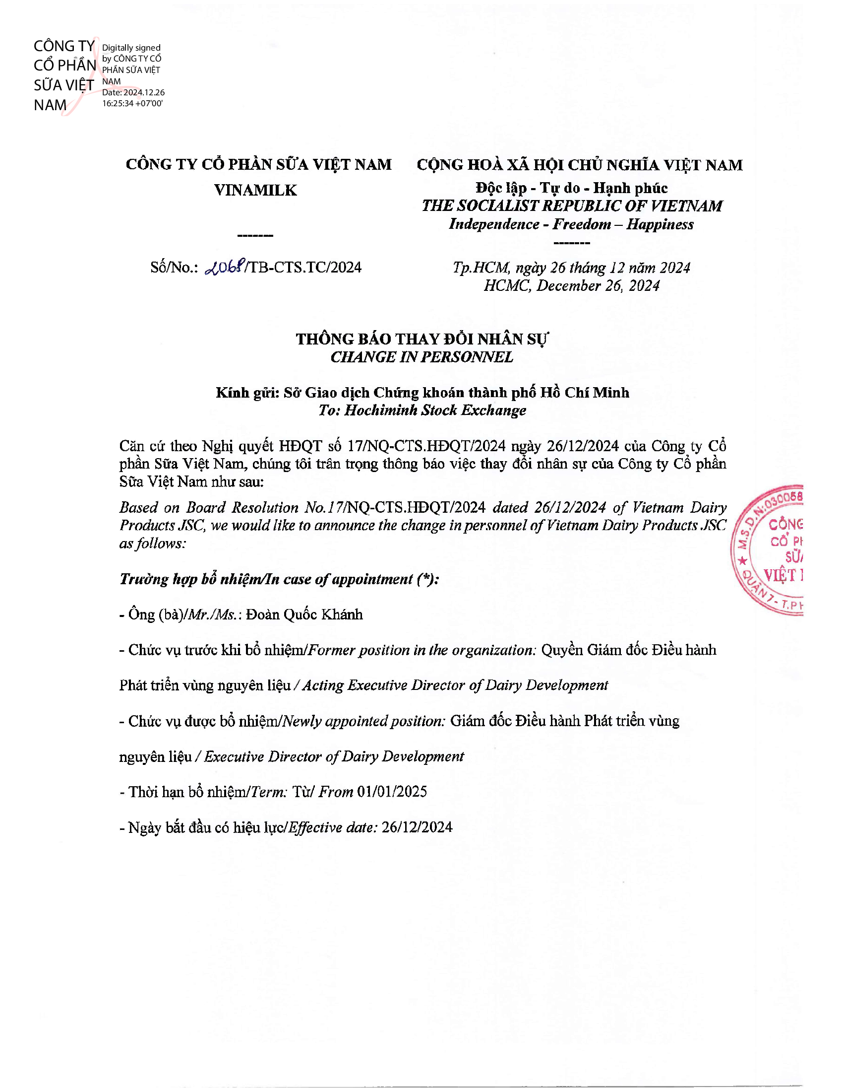 Announce the change in personnel of Vietnam Dairy Products JSC 1