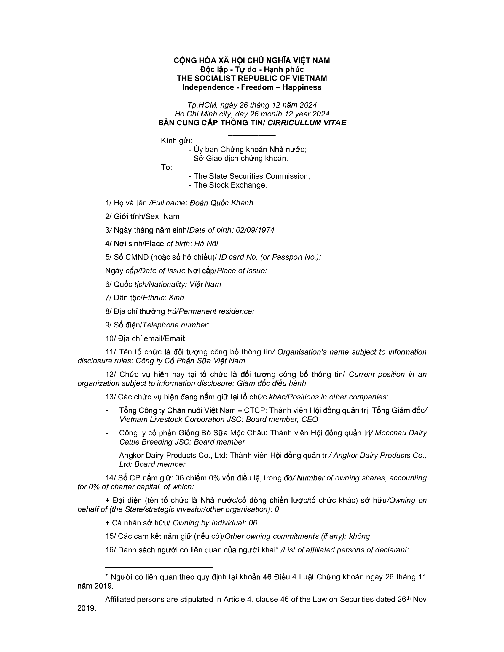Announce the change in personnel of Vietnam Dairy Products JSC 3