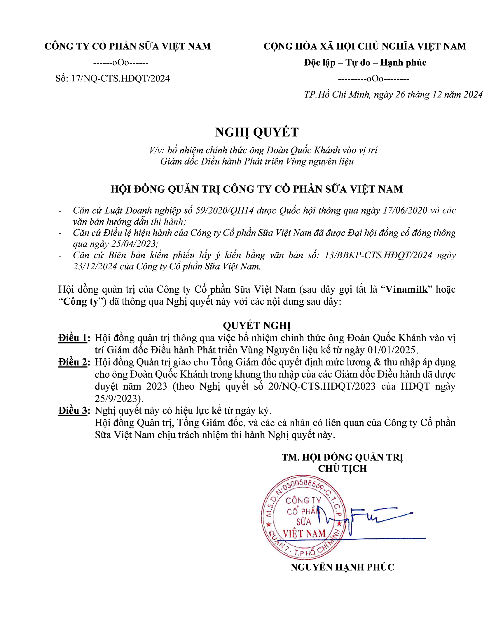 Announce the change in personnel of Vietnam Dairy Products JSC 7