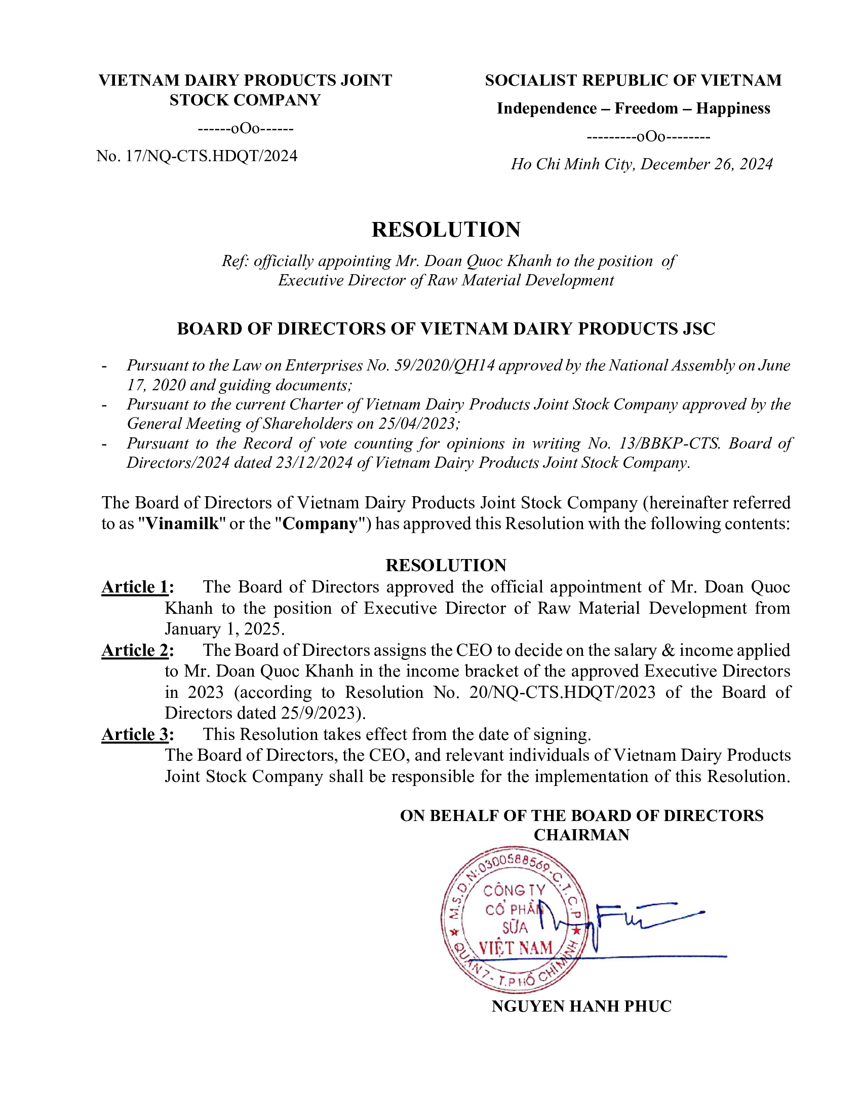 Announce the change in personnel of Vietnam Dairy Products JSC 8