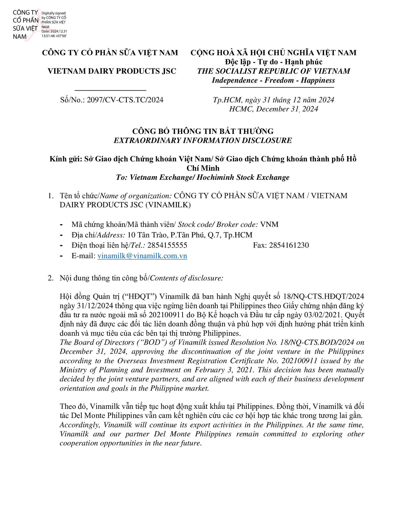 Disclosure of information on the discontinuation of the joint venture in the Philippines 1