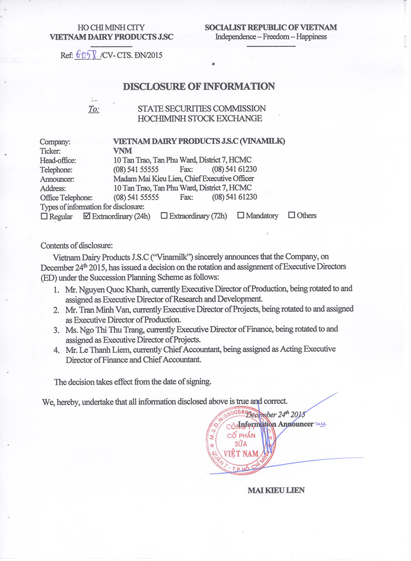 Disclosure of information regarding to New Chief Executive Officer positions in 2015 1