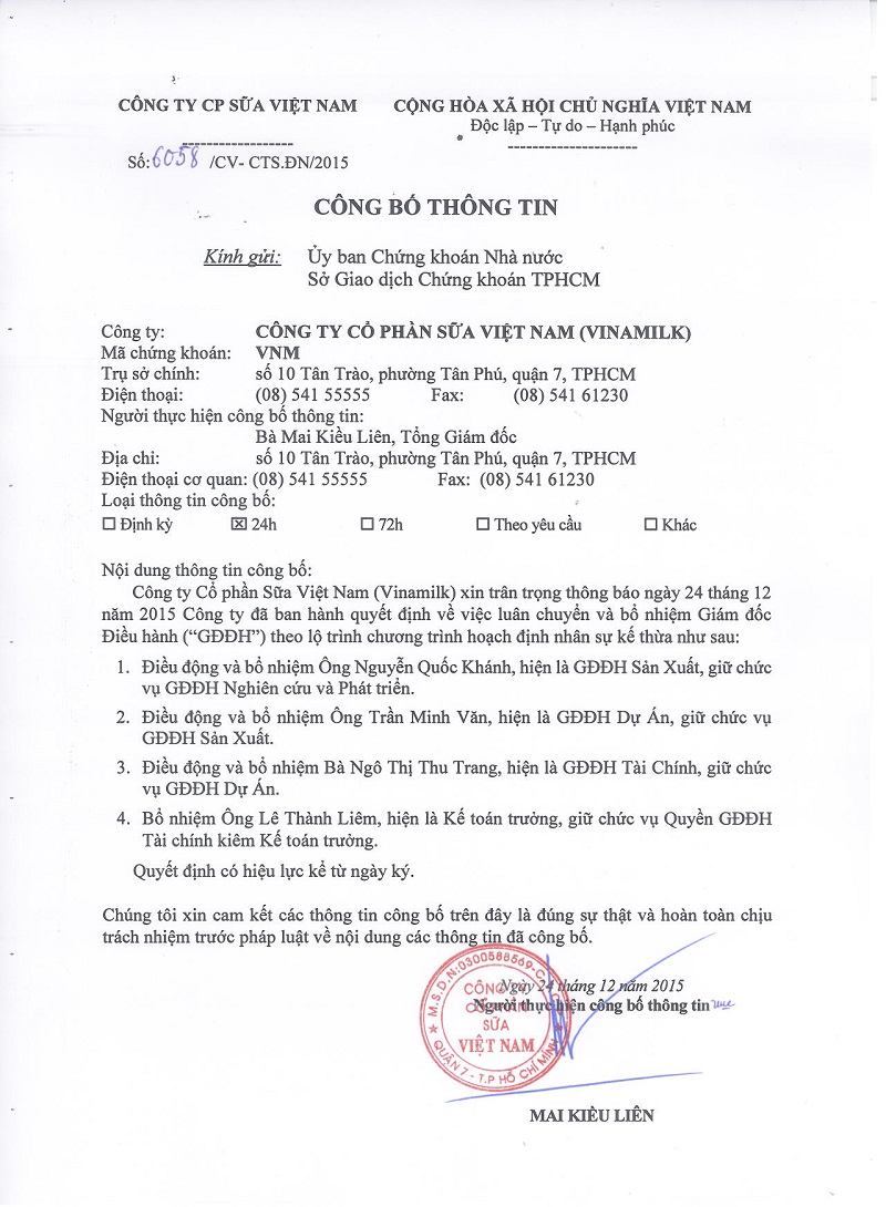 Vinamilk ban hành quyết định luân chuyển và bổ nhiệm Giám Đốc Điều Hành năm 2015 1