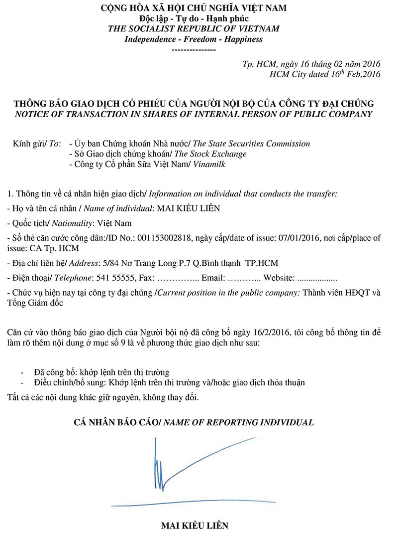Notice of transaction in shares of internal person of public company (Adding) - Mai Kieu Lien 1
