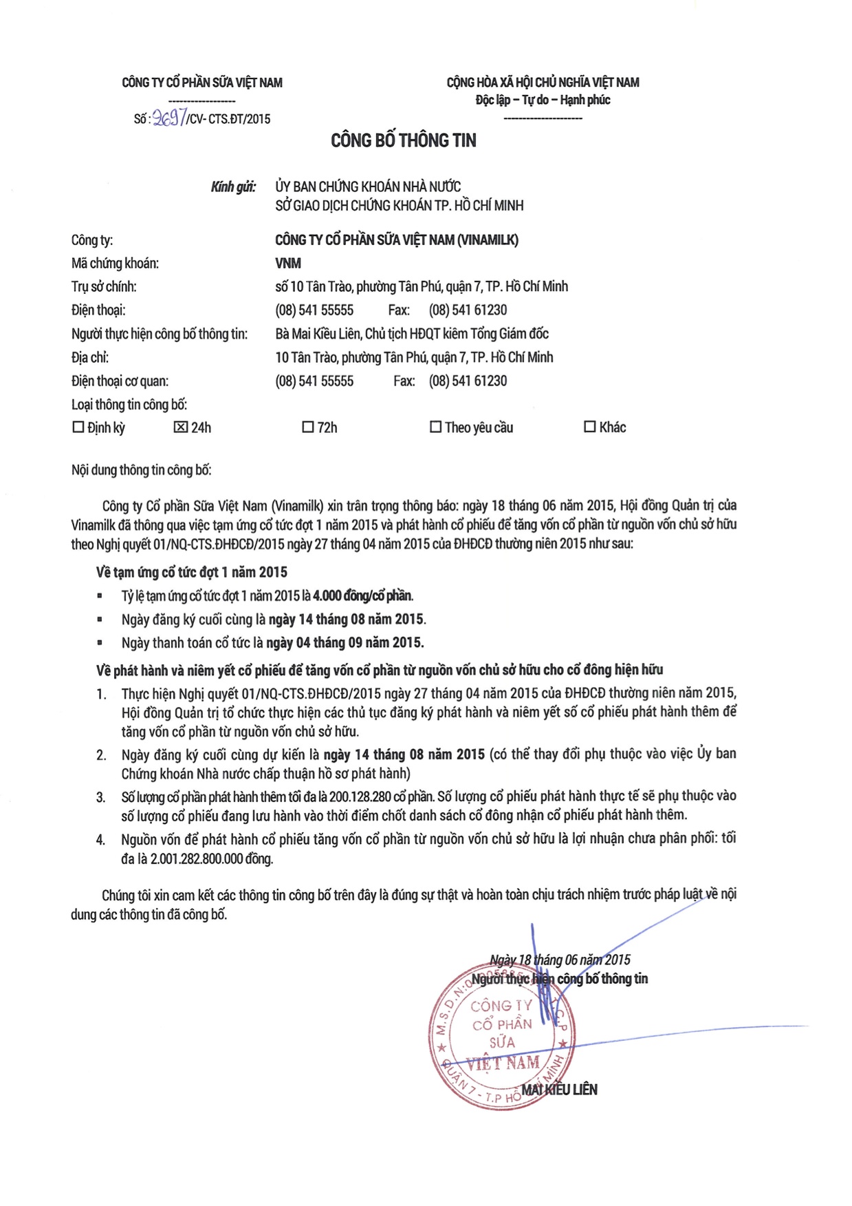 Công bố thông tin về việc tạm ứng cổ tức đợt 1/2015 và phát hành cổ phiếu để tăng vốn điều lệ từ nguồn vốn chủ sở hữu theo Nghị quyết ĐHĐCĐ 2015 1