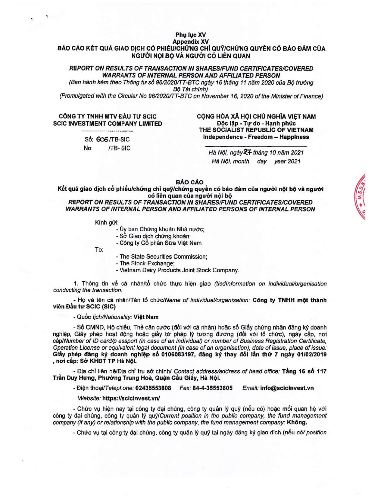 Report on results of transaction of internal person from SCIC INVESTMENT COMPANY LIMITED. 1