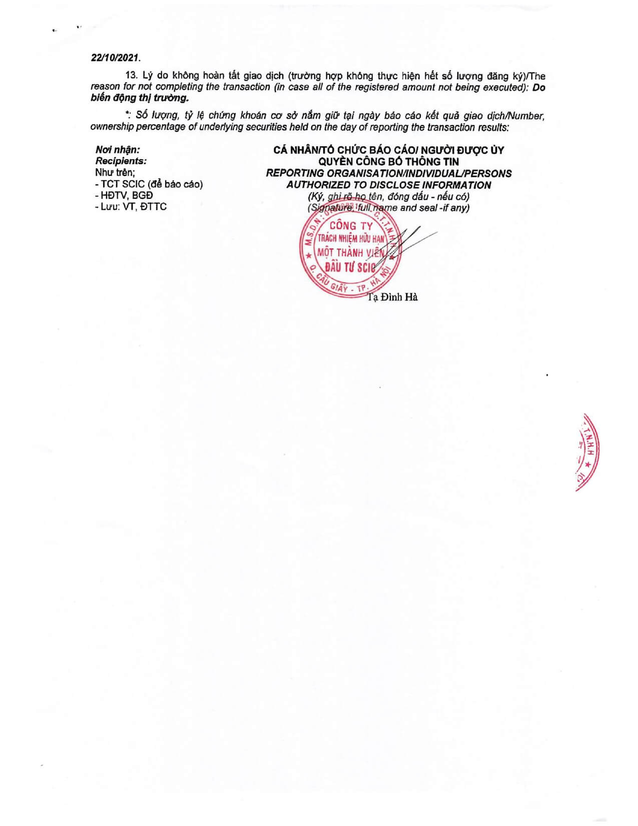 Report on results of transaction of internal person from SCIC INVESTMENT COMPANY LIMITED. 4