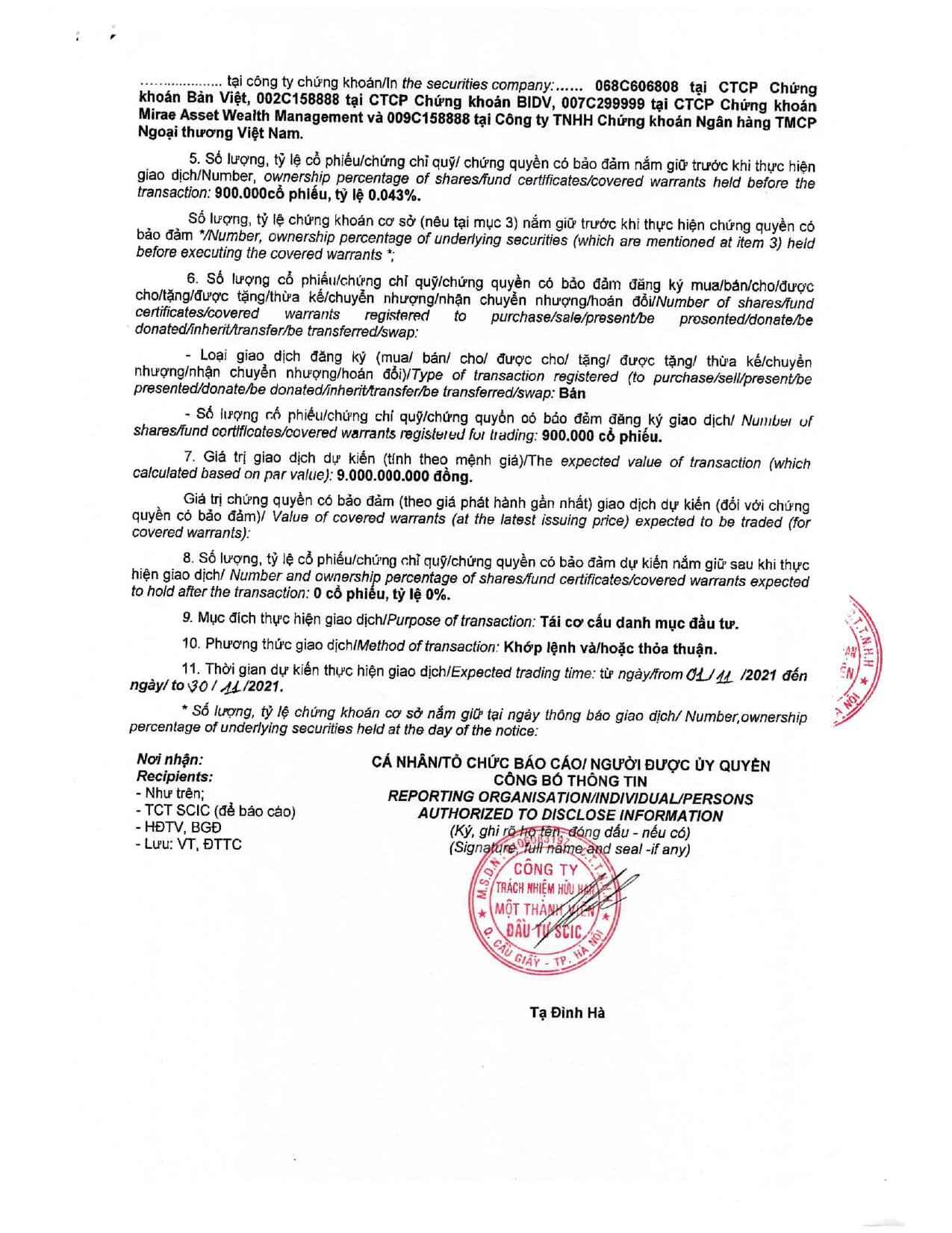 Notice of transaction of internal person from SCIC INVESTMENT COMPANY LIMITED. 4