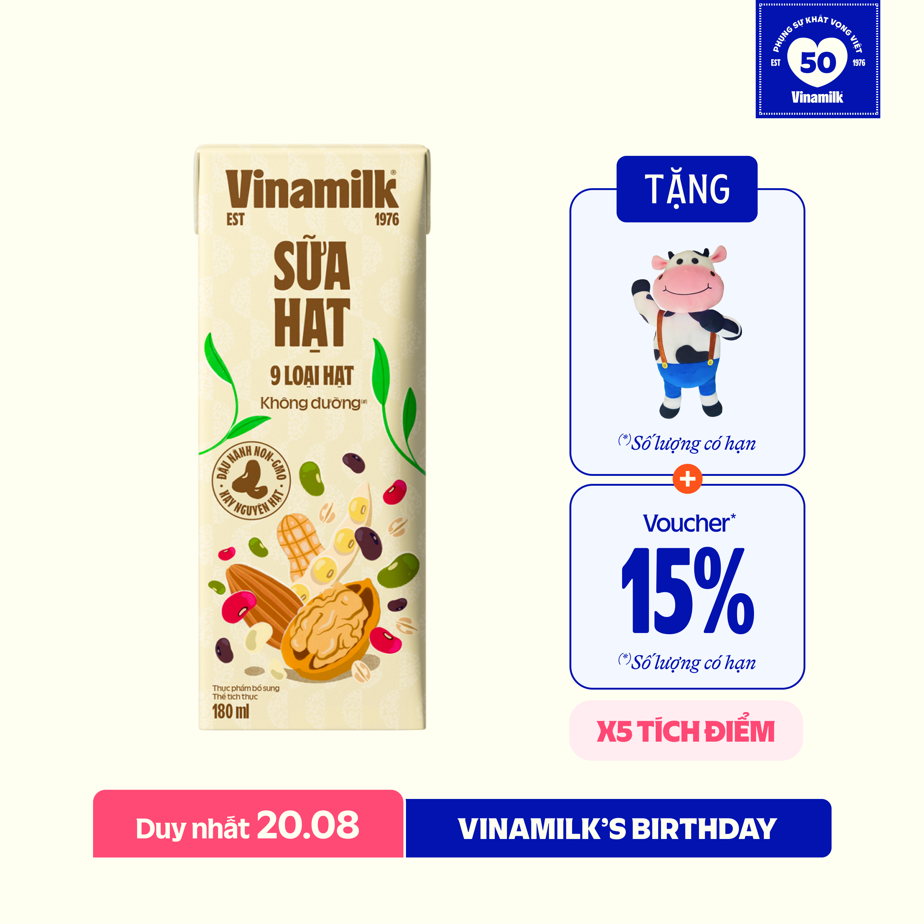 Sữa hạt Vinamilk 9 loại hạt không đường 180ml