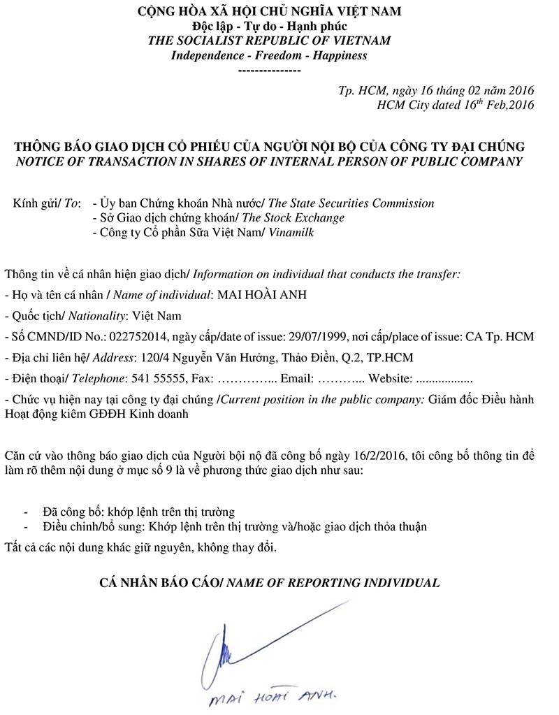 Notice of transaction in shares of internal person of public company (Adding) - Mai Hoai Anh 1