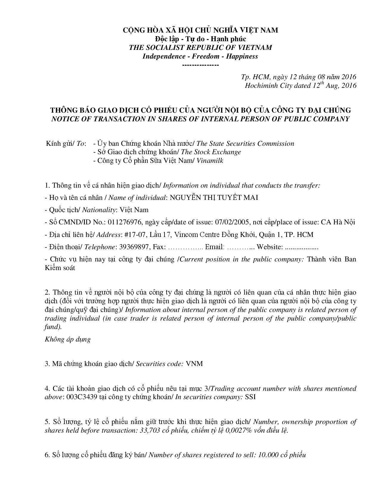 Notice of transaction in shares of internal person of public company - Nguyen Thi Tuyet Mai 1