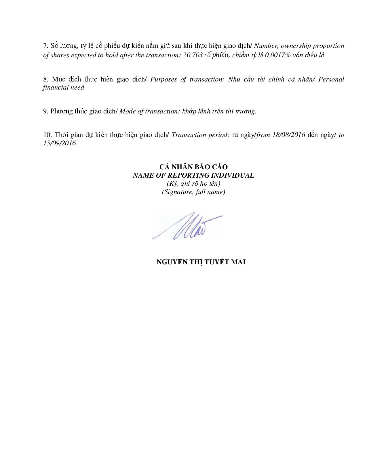 Notice of transaction in shares of internal person of public company - Nguyen Thi Tuyet Mai 2