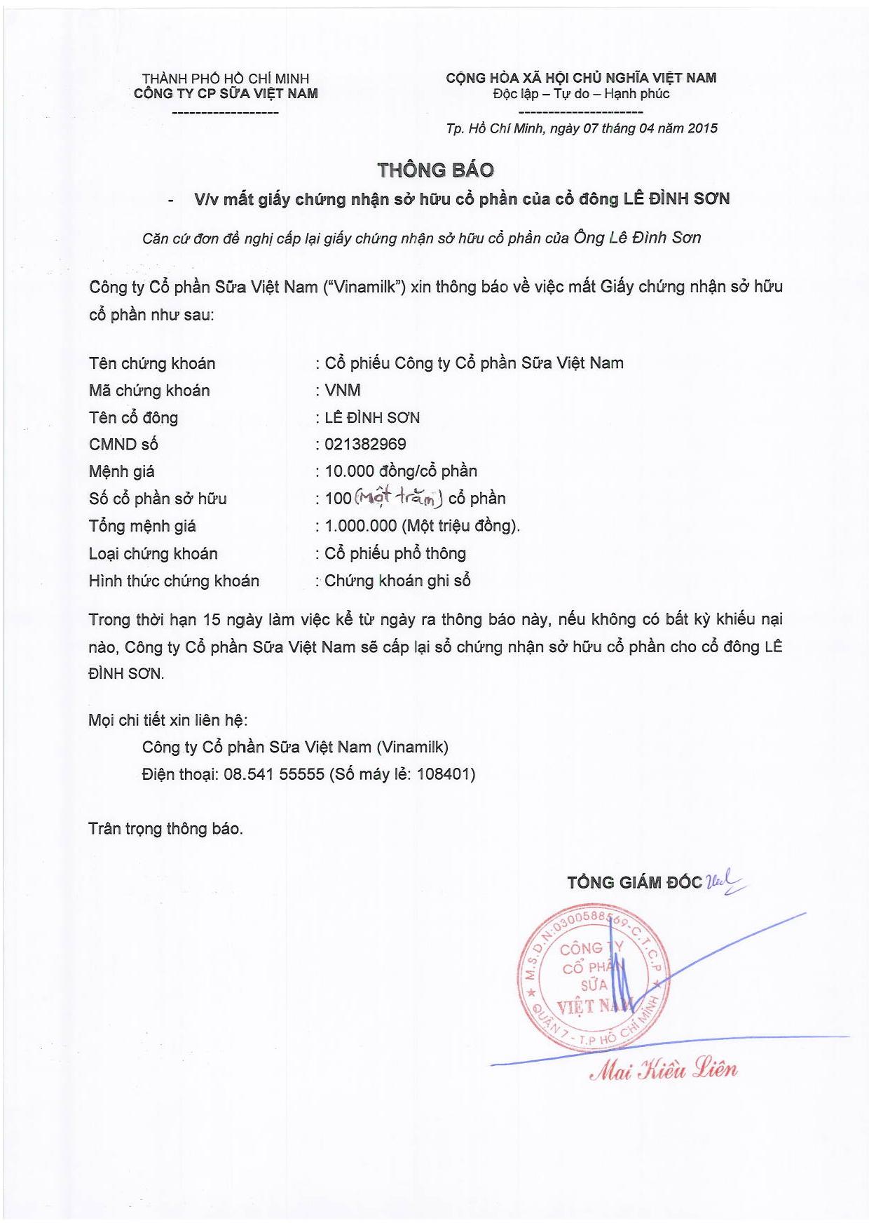 Thông báo về việc mất giấy chứng nhận sở hữu cổ phần của cổ đông Lê Đình Sơn 1