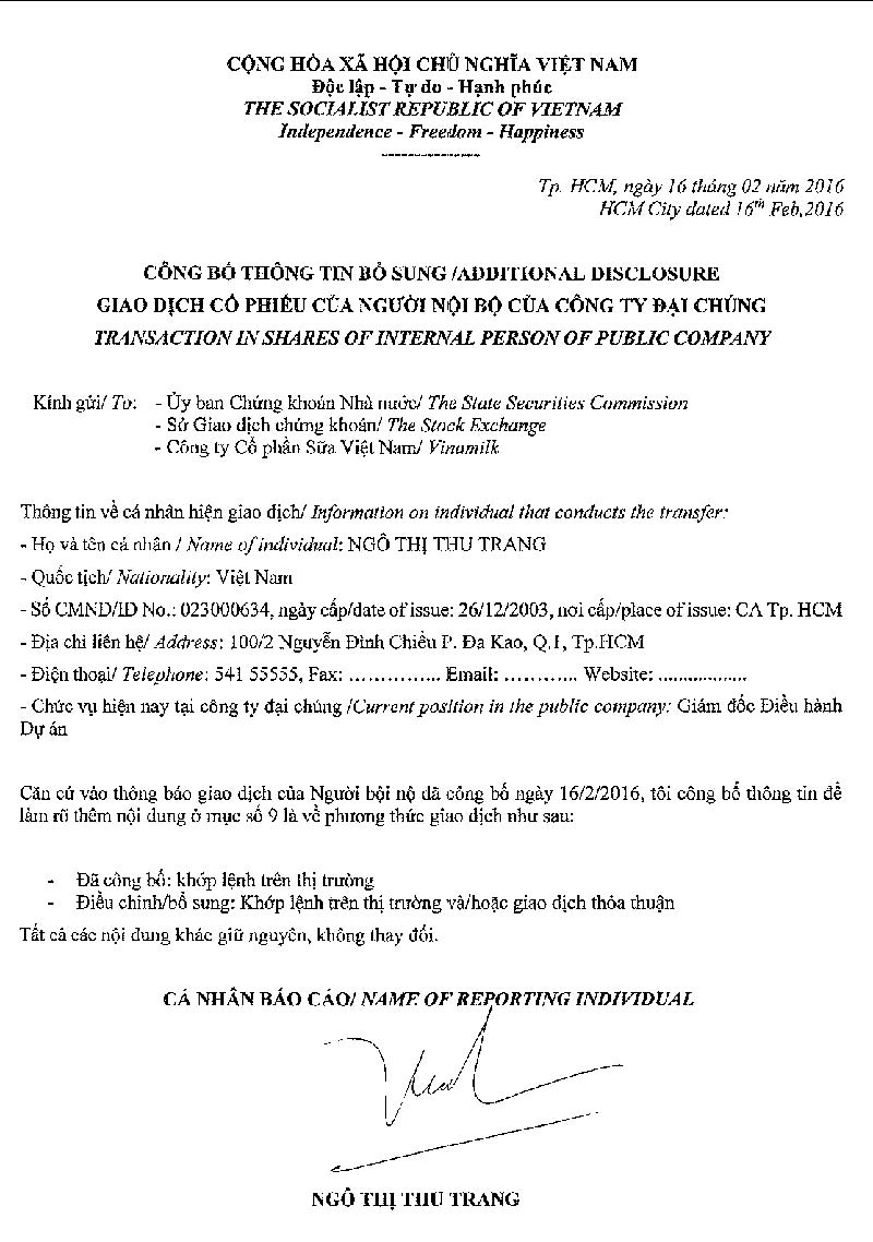 Notice of transaction in shares of internal person of public company (Adding) - Ngo Thi Thu Trang 1