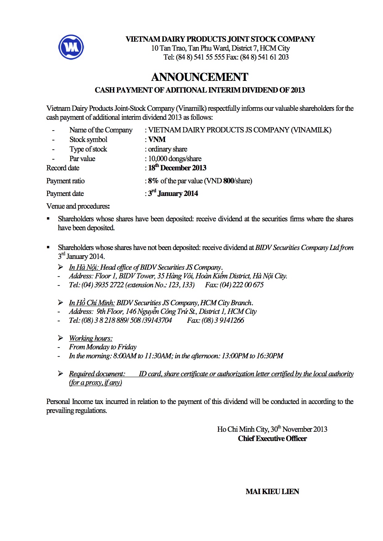 Announcement Cash Payment of Additional Interim Dividend 2013 1