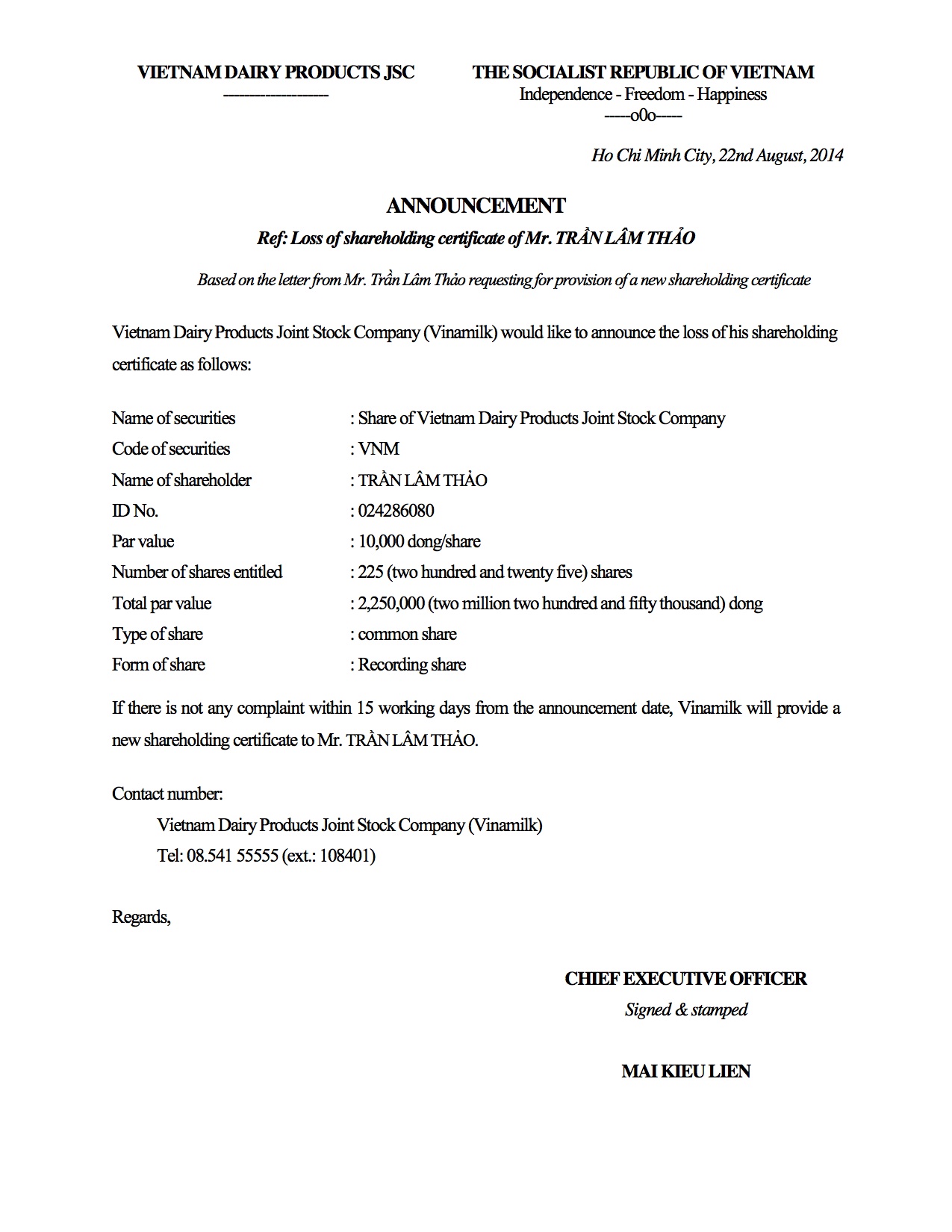 Announcement: Loss of Share owing Certificate of Mr Tran Lam Thao 22/08/2014 1