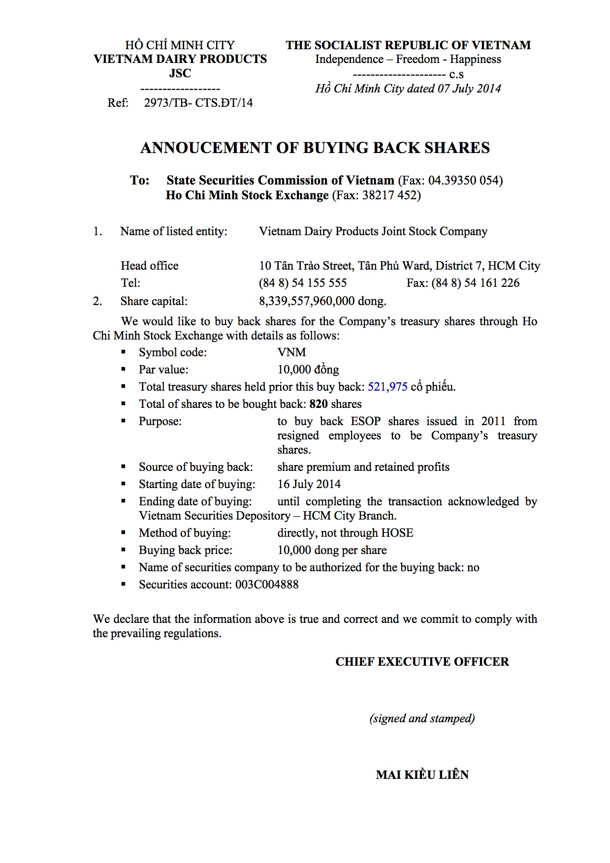 Announcement of buying back shares 07/07/2014 1