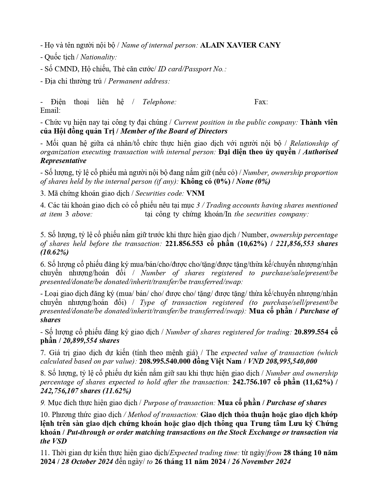 Notice of transaction of internal person from PLATINUM VICTORY PTE. LTD 2