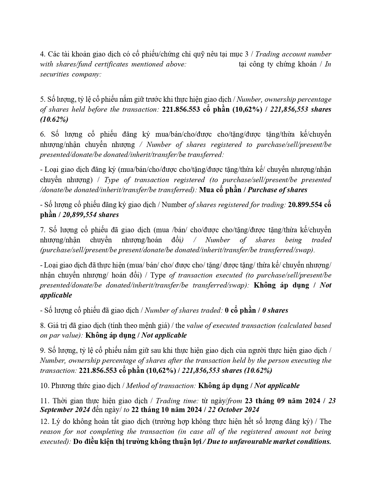 Report on results of transaction of internal PLATINUM VICTORY PTE. LTD. 3