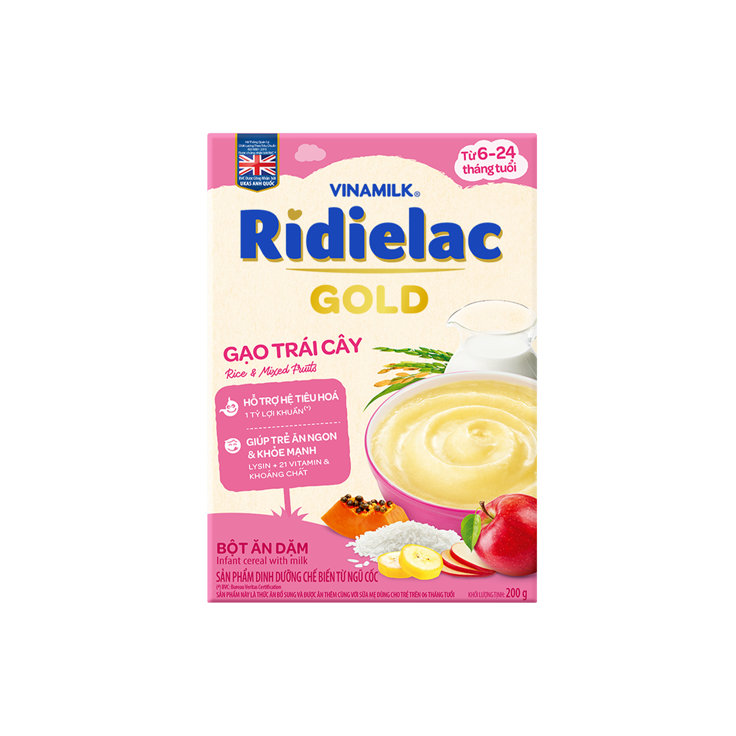 Bột ăn dặm Ridielac Gold Gạo Trái cây 200g Lẻ 1 hộp