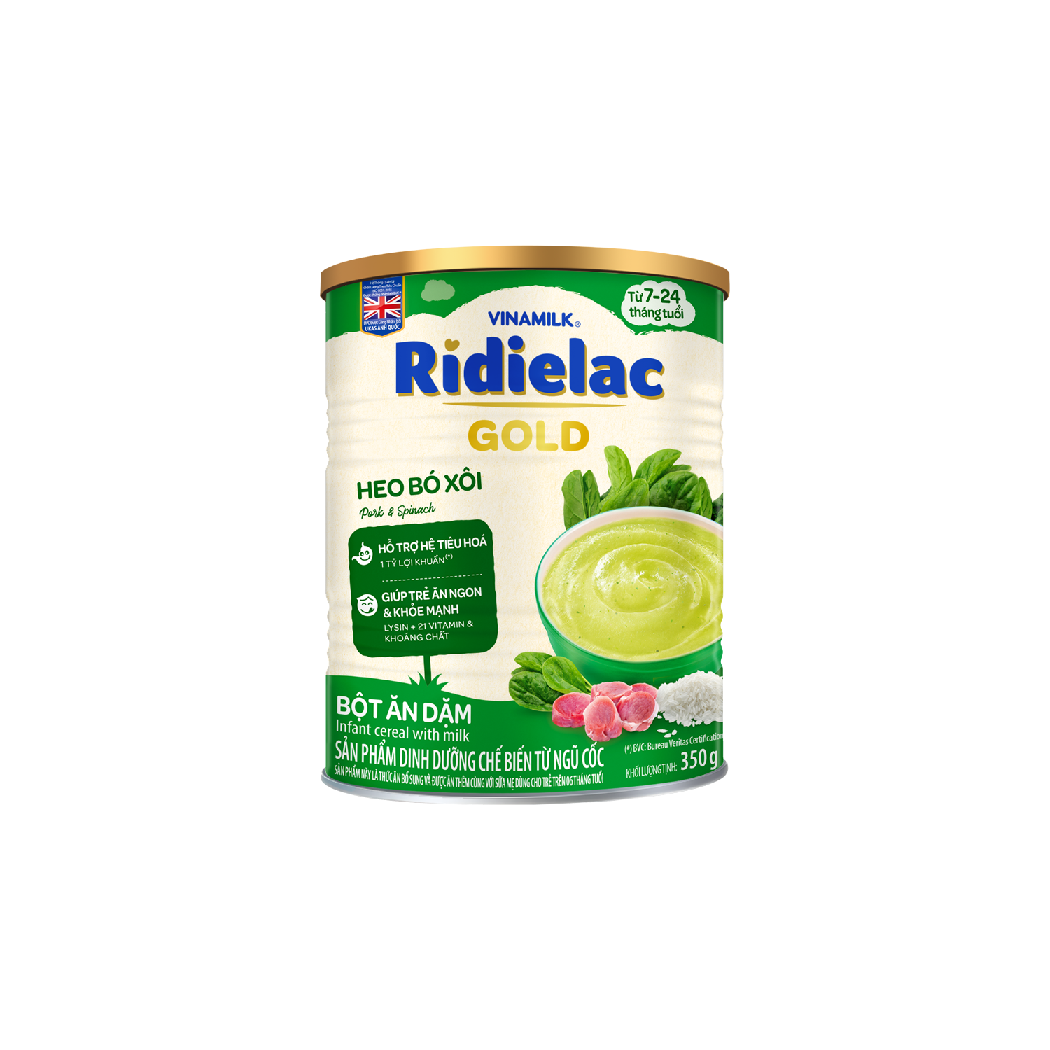 Bột ăn dặm Ridielac Gold Heo Bó xôi 350g Lẻ 1 lon