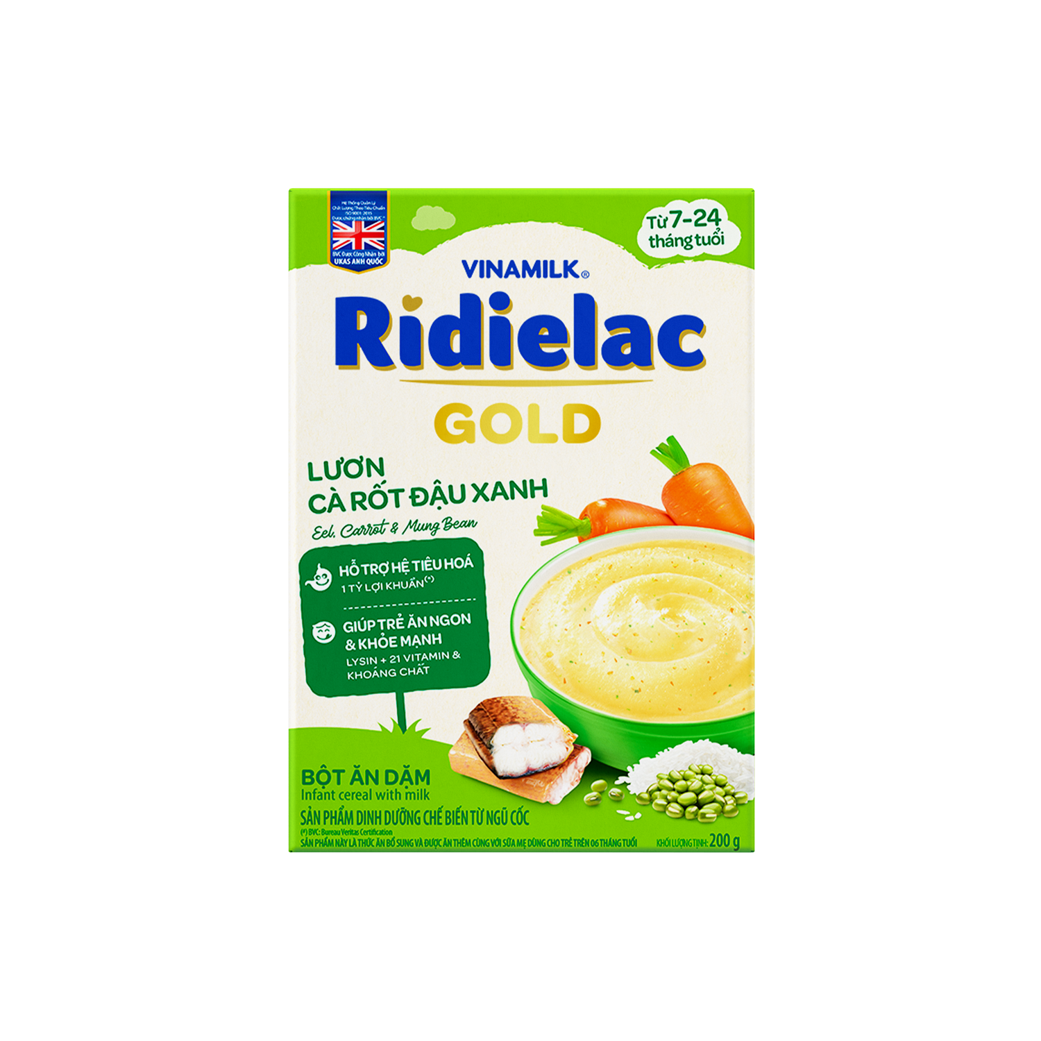 Bột ăn dặm Ridielac Gold Lươn Cà rốt Đậu xanh 200g Lẻ 1 hộp