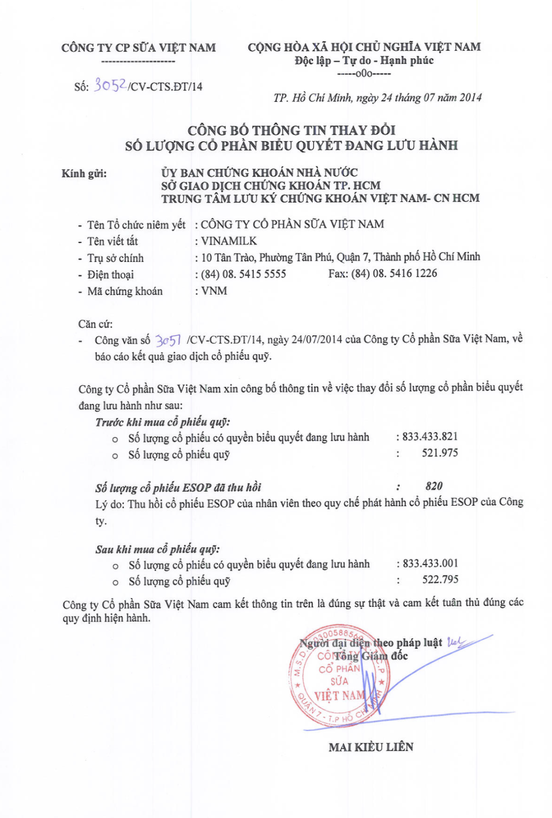 Công bố thông tin thay đổi số lượng cổ phần biểu quyết đang lưu hành - báo cáo kết quả thu hồi ESOP 24/07/2014 1