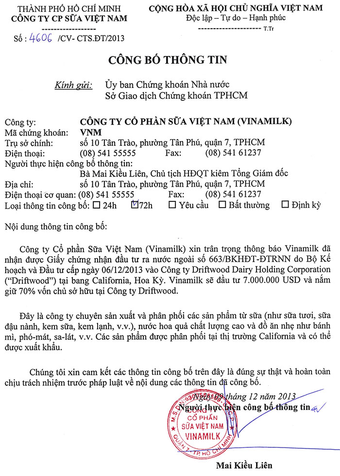 Công bố thông tin nhận giấy phép đầu tư Driftwood 09/12/2013 1