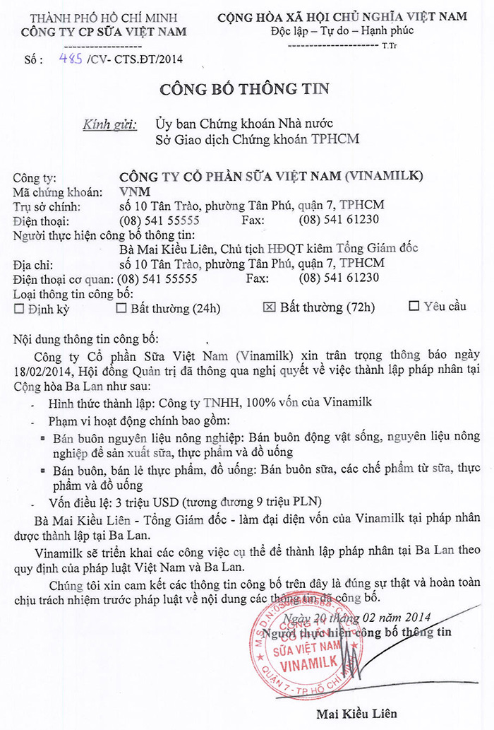 Công bố thông tin thành lập công ty con tại Ba Lan 20/02/2014 1