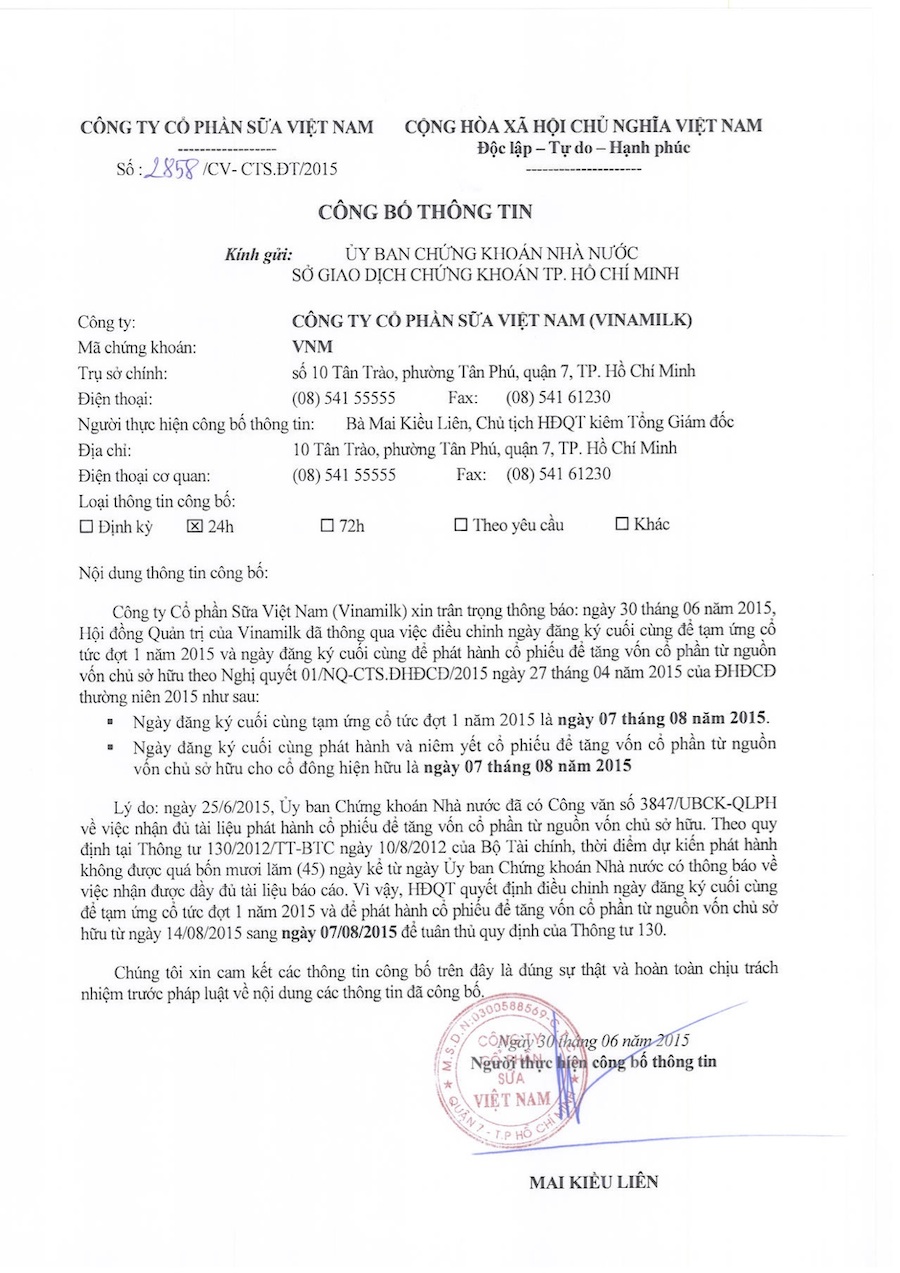 Thay đổi ngày đăng ký cuối cùng tạm ứng cổ tức đợt 1/2015 và phát hành cổ phiếu thưởng 1