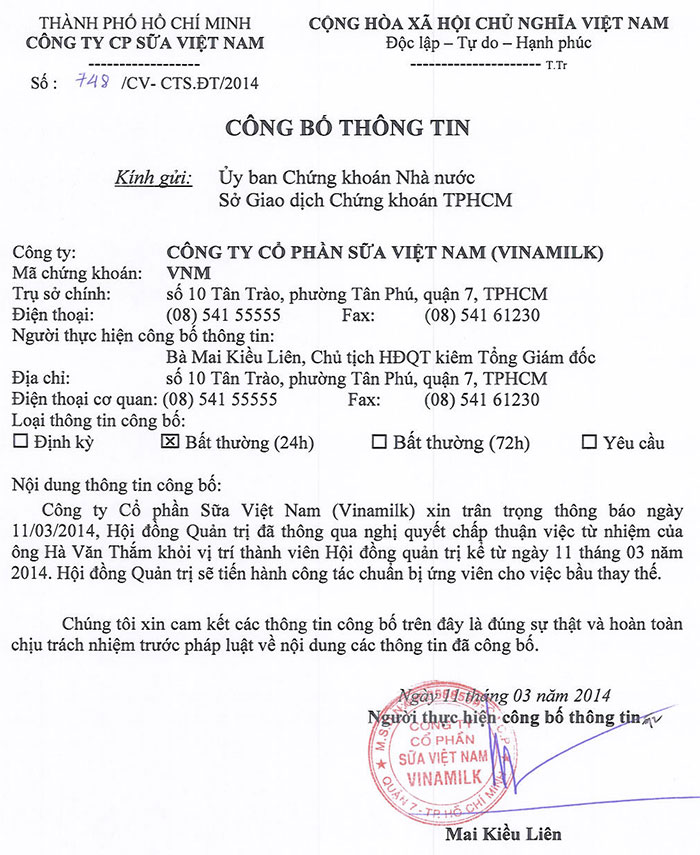 Công bố thông tin về việc từ nhiệm thành viên Hội Đồng Quản Trị 11/03/2014 1