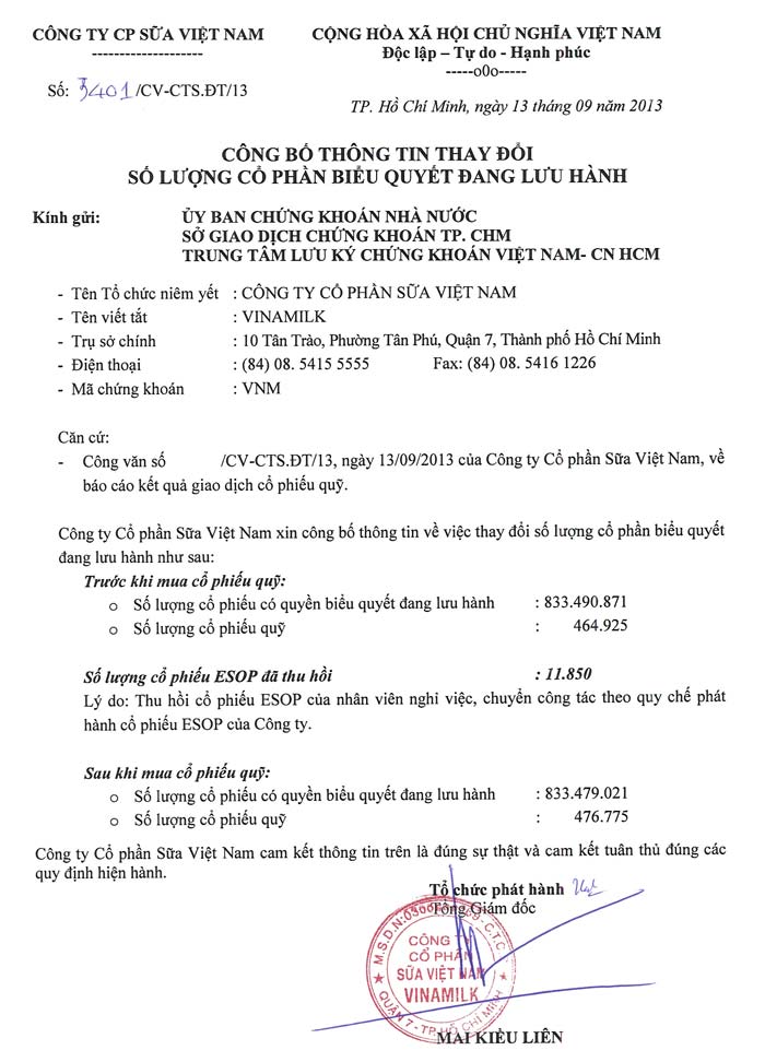 Công bố thông tin thay đổi số lượng cổ phần biểu quyết đang lưu hành 13/09/2013 1