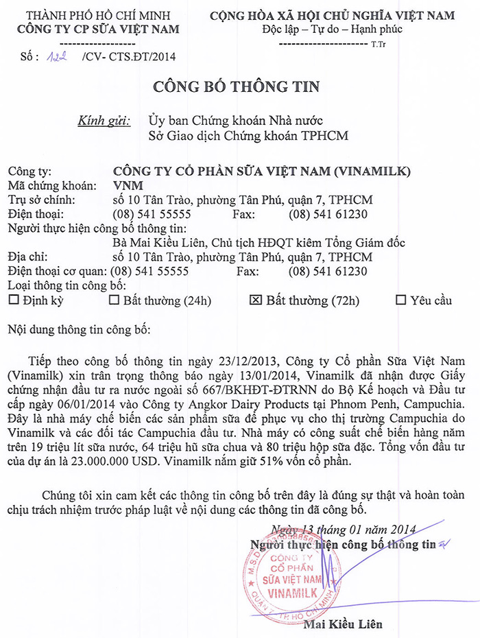 Công bố thông tin nhận giấy phép đầu tư ra nước ngoài số 667/BKHĐT-ĐTRNN 13/01/2014 1