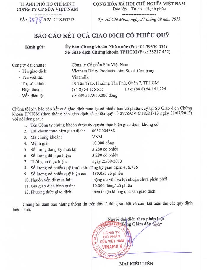 Báo cáo kết quả giao dịch cổ phiếu quỹ 27/9/2013 1