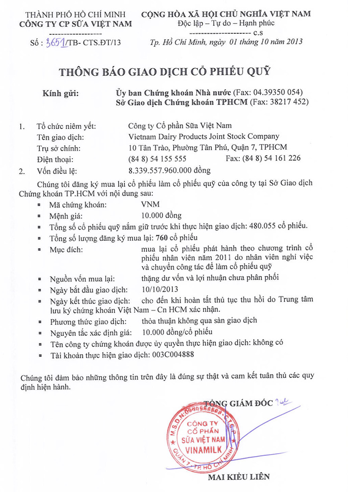 Thông báo giao dịch cổ phiếu quỹ 1/10/2013 1