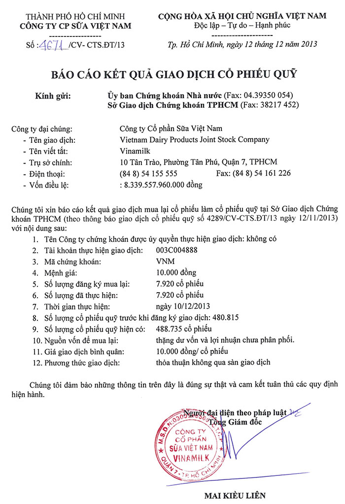 Báo cáo kết quả giao dịch cổ phiếu quỹ 12/12/2013 1