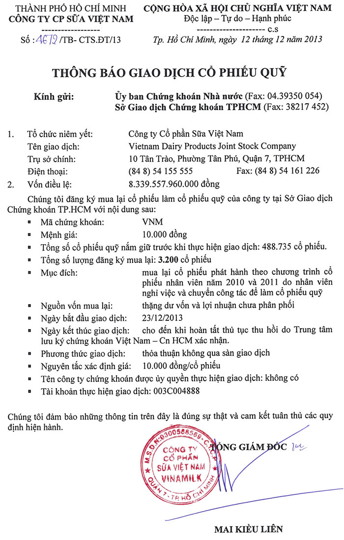 Thông báo giao dịch cổ phiếu quỹ số 12/12/2013 2