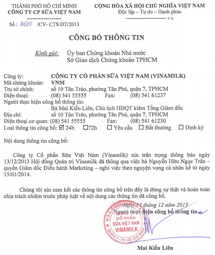 Công bố thông tin bà Nguyễn Hữu Ngọc Trân từ nhiệm 13/12/2013 1