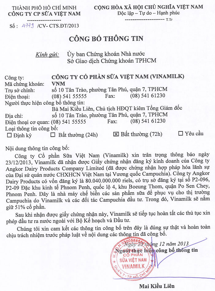Công bố thông tin nhân Giấy chứng nhận ĐK kinh doanh Angkor Dairy Products Company Limited 23/12/2013 1