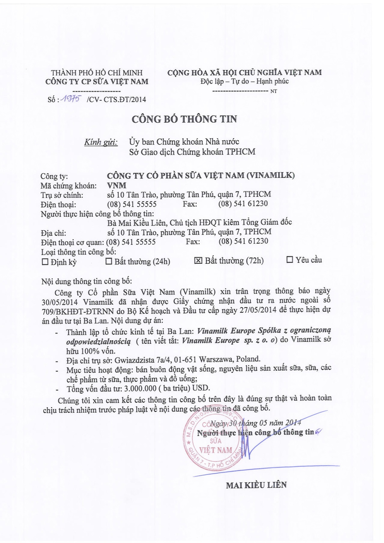 Công bố thông tin nhận Giấy chứng nhận đầu tư vào Ba Lan 30/05/2014 1