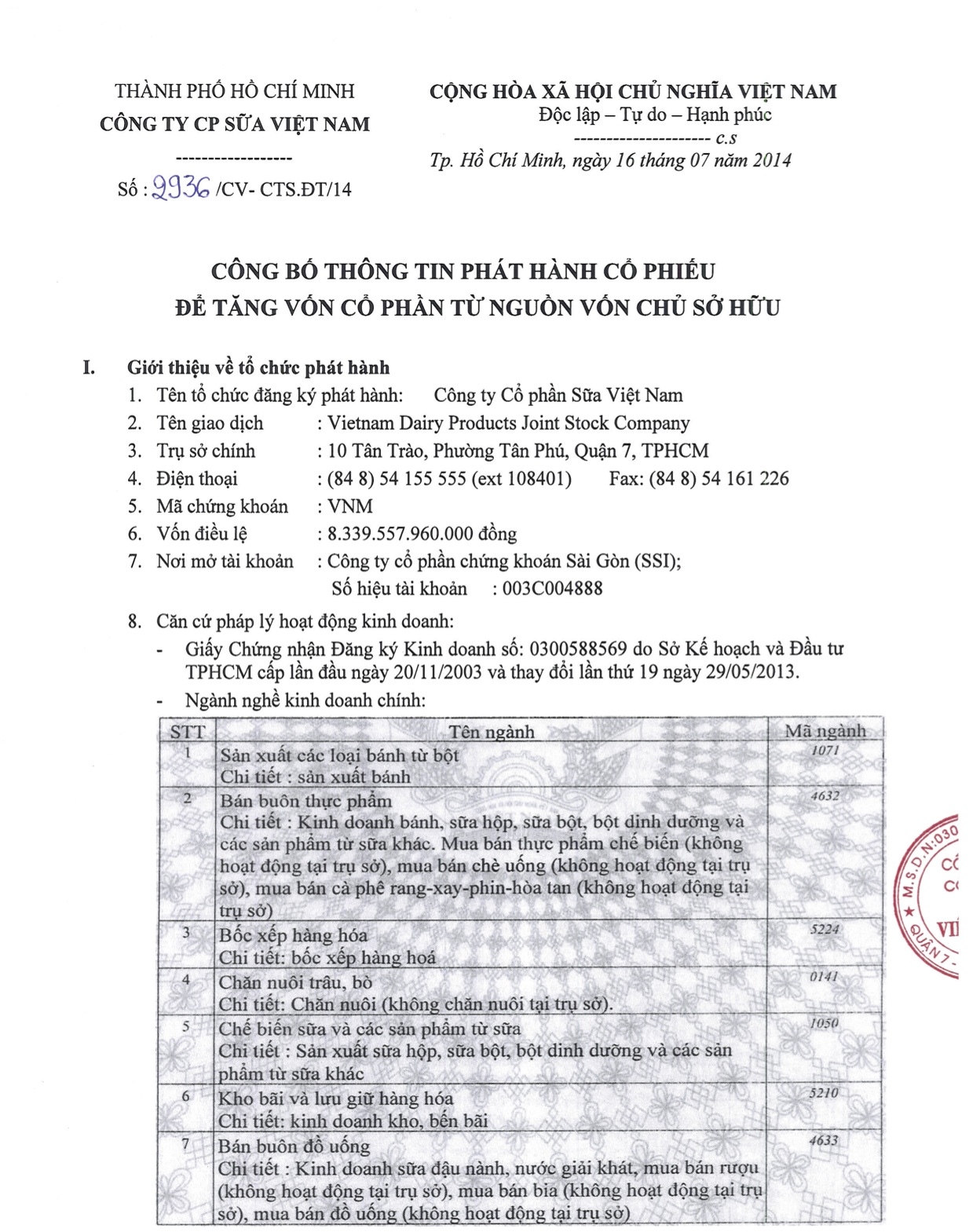 Công bố thông tin phát hành cổ phiếu 16/07/2014 1