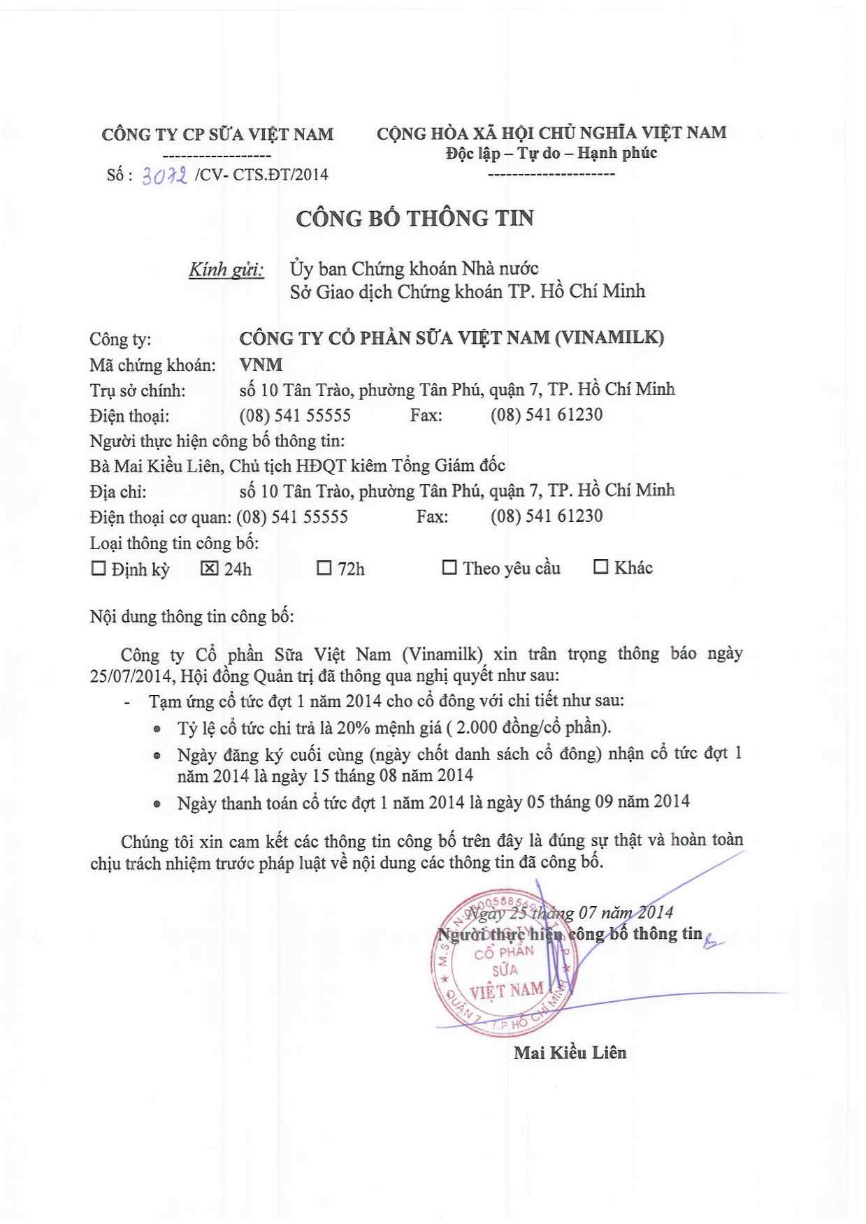 Công bố thông tin tạm ứng cổ tức đợt 1 ngày 25/07/2014 1