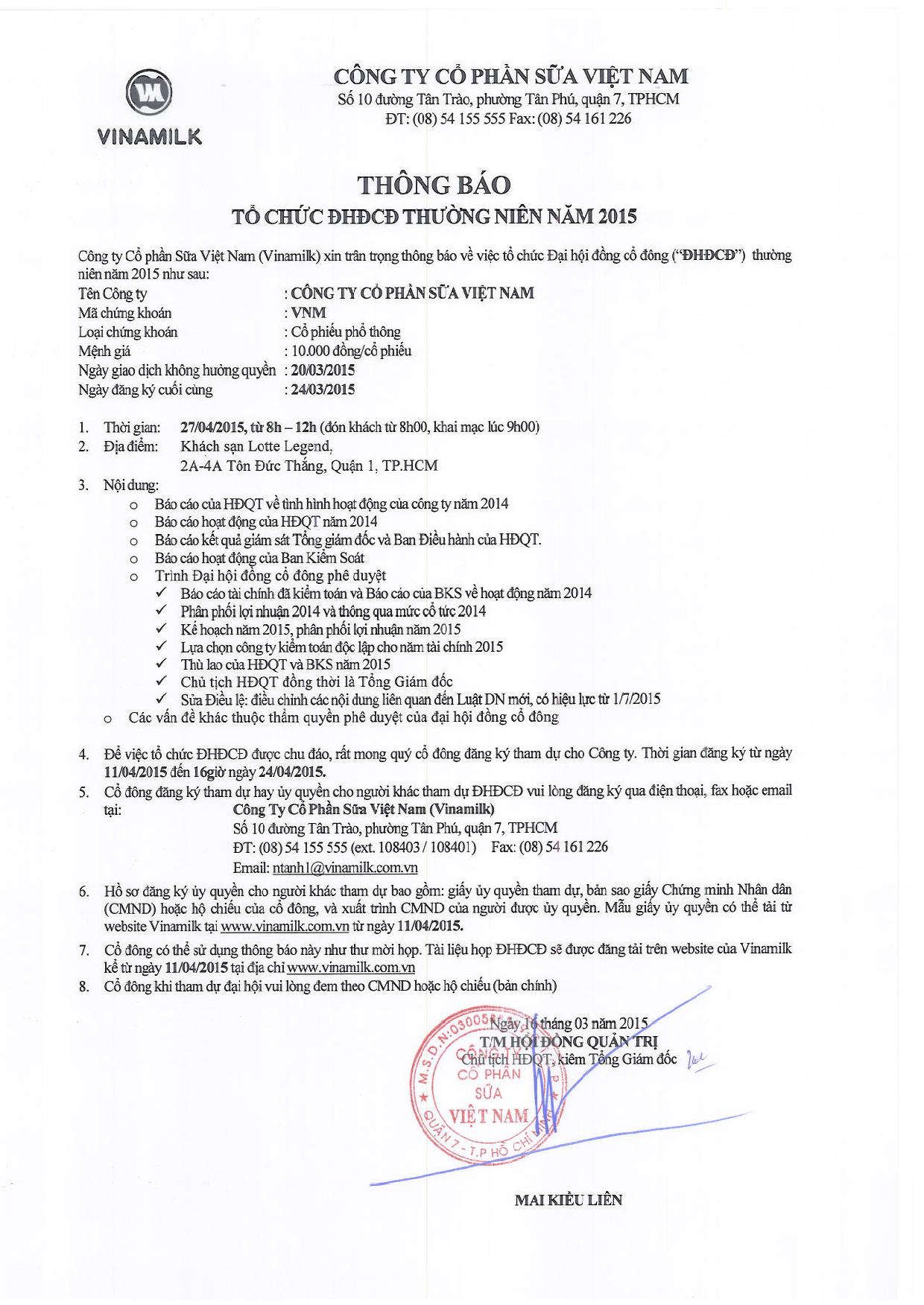 Thông báo tổ chức Đại hội đồng cổ đông thường niên năm 2015 1