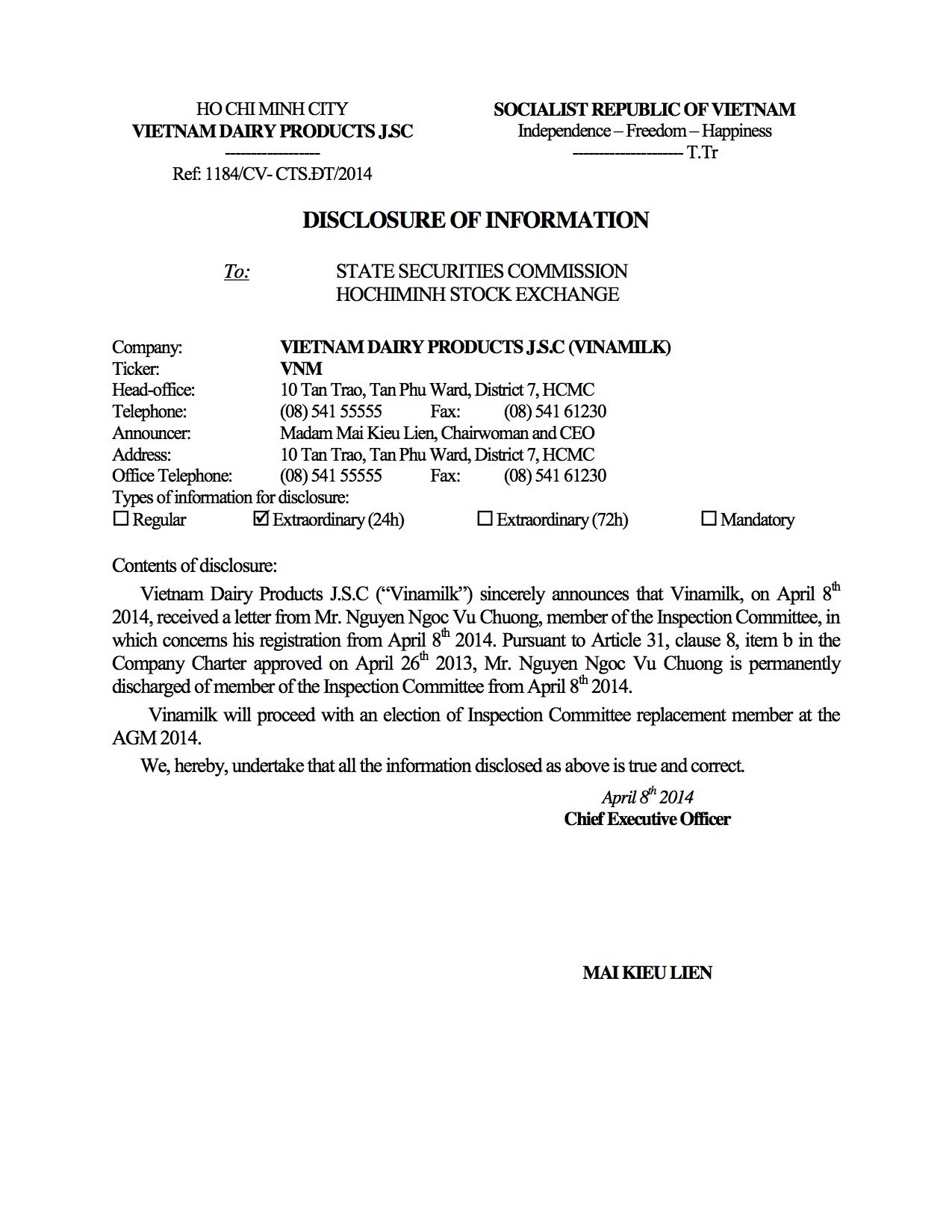 Disclosure of Information: Resignation of a member of Inspection Committee - Mr Nguyen Ngoc Vu Chuong 1