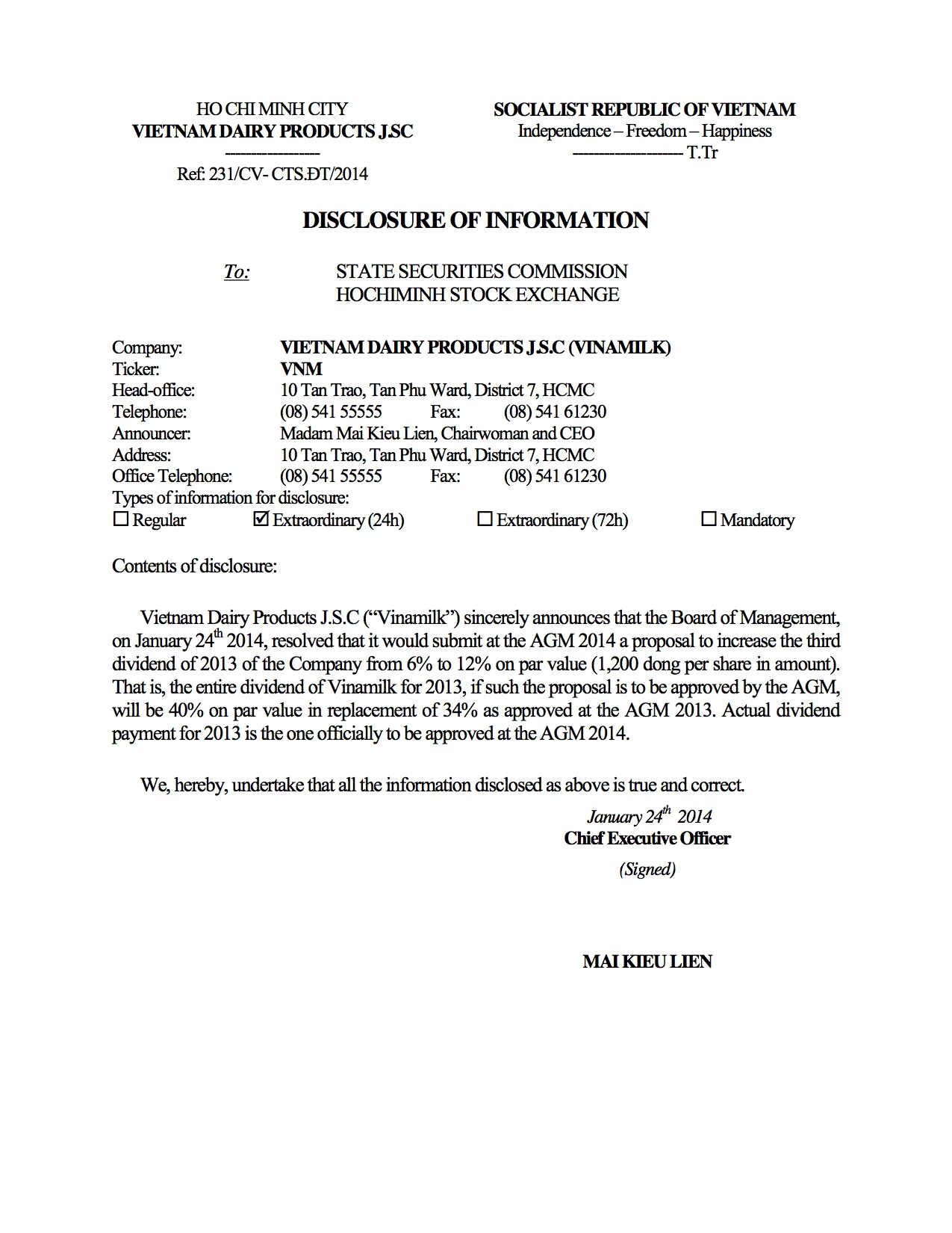 Disclosure of information: A Proposal to increase the third dividend of 2013 (24/01/2014) 1