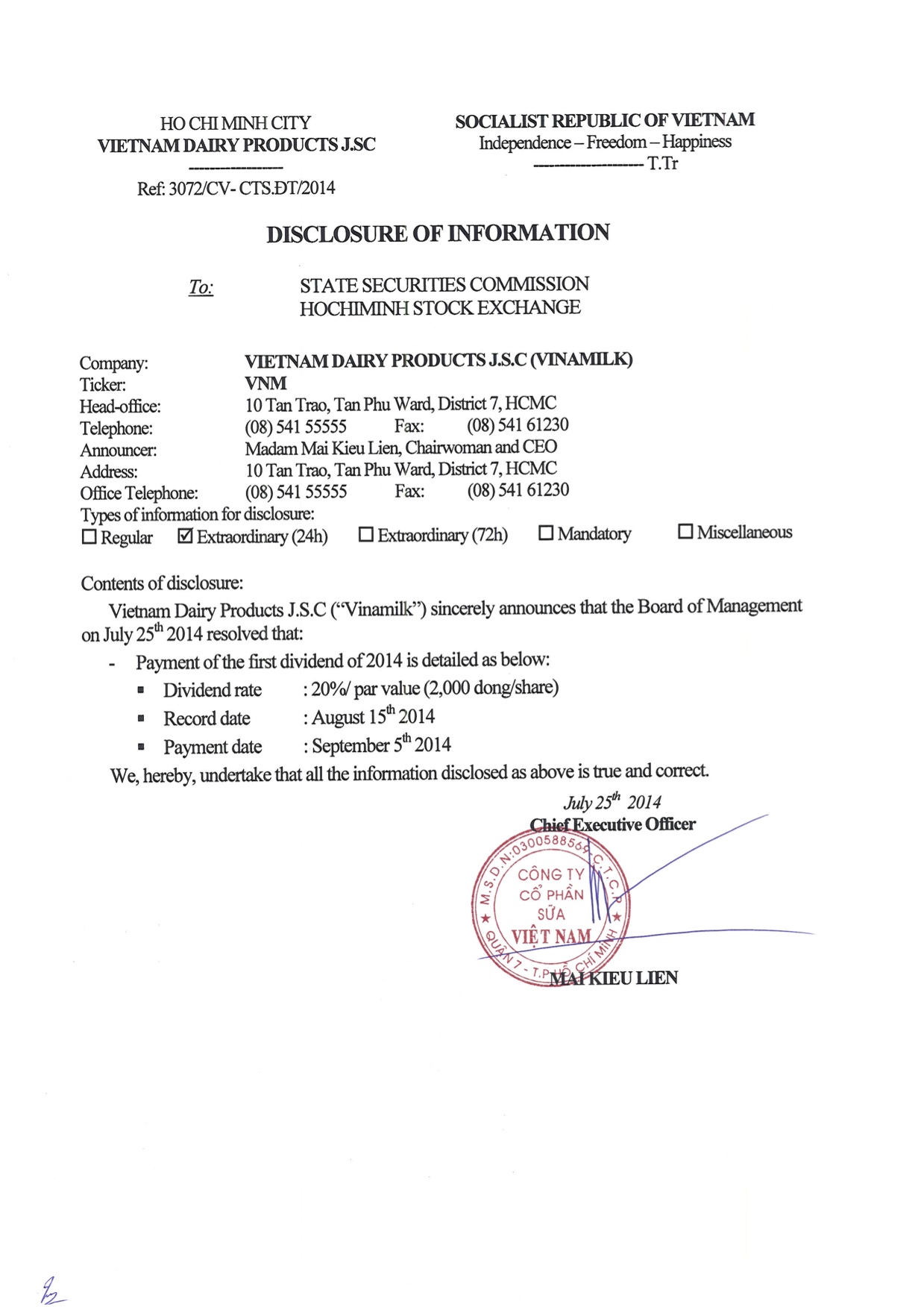 Disclosure of information: Payment of first dividend of 2014 (25/07/2014) 1