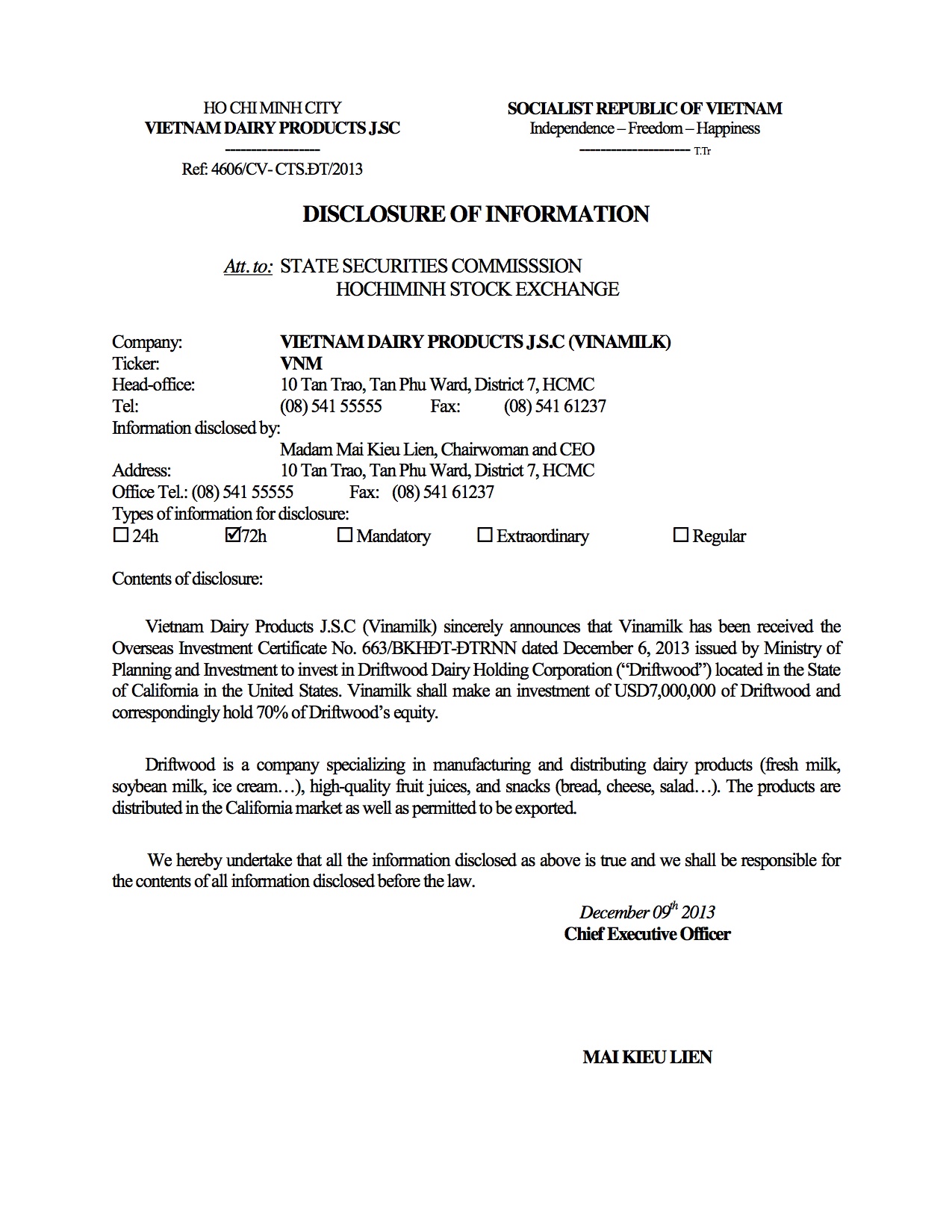 Disclosure of information Receiving Overseas Investment Certificate 09/12/2013 1