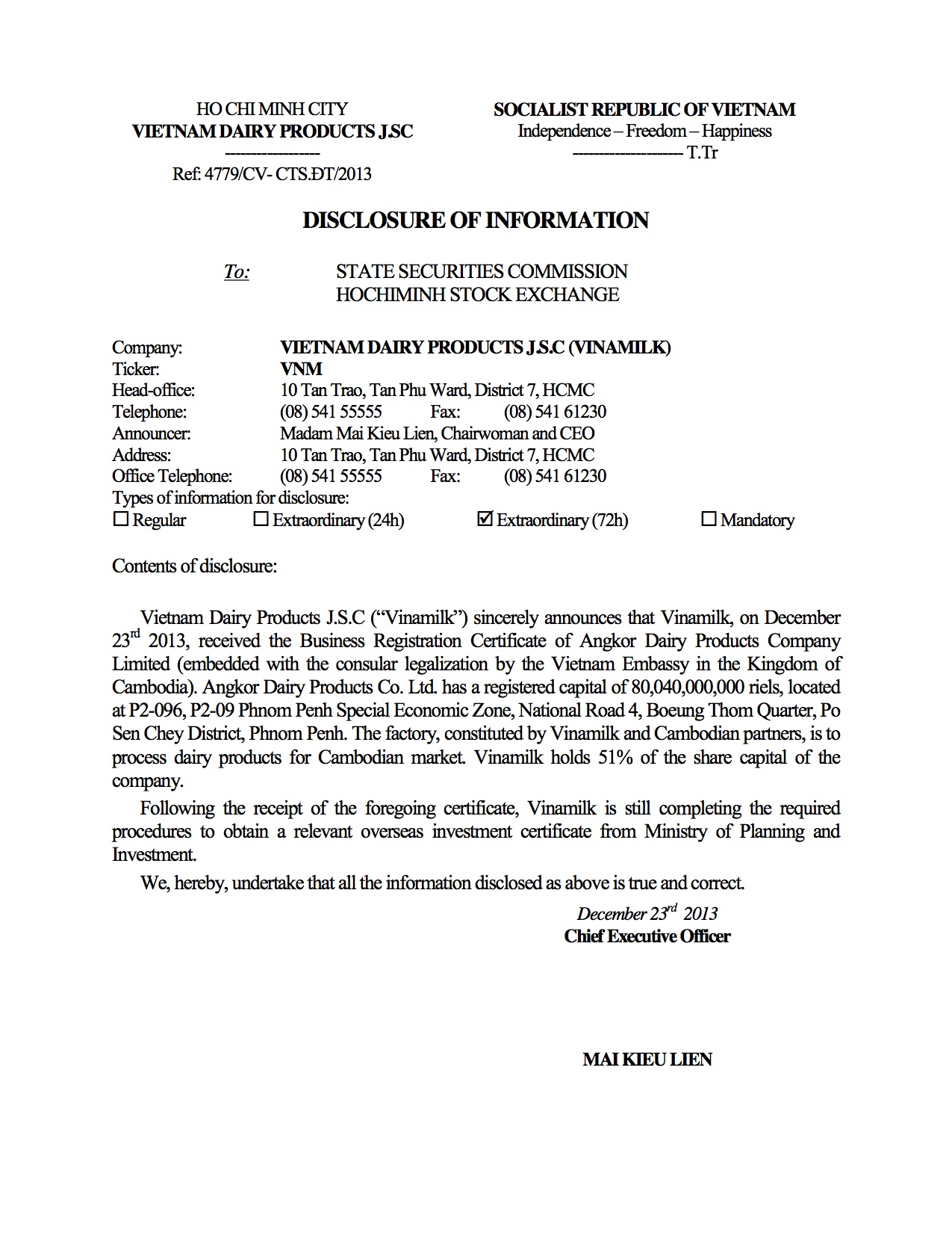 Disclosure of information: Receiving the Business Registration Certificate of Angkor Dairy Products Company Limited 23/12/2013 1