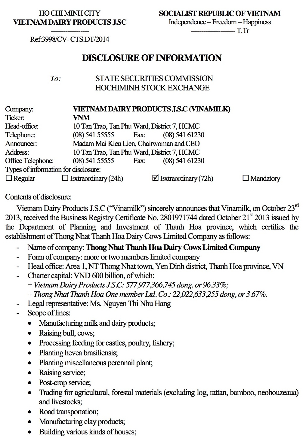 Disclosure of information Receiving the Business Registry Certificate for Thong Nhat Thanh Hoa Dairy Cows Limited Company 1